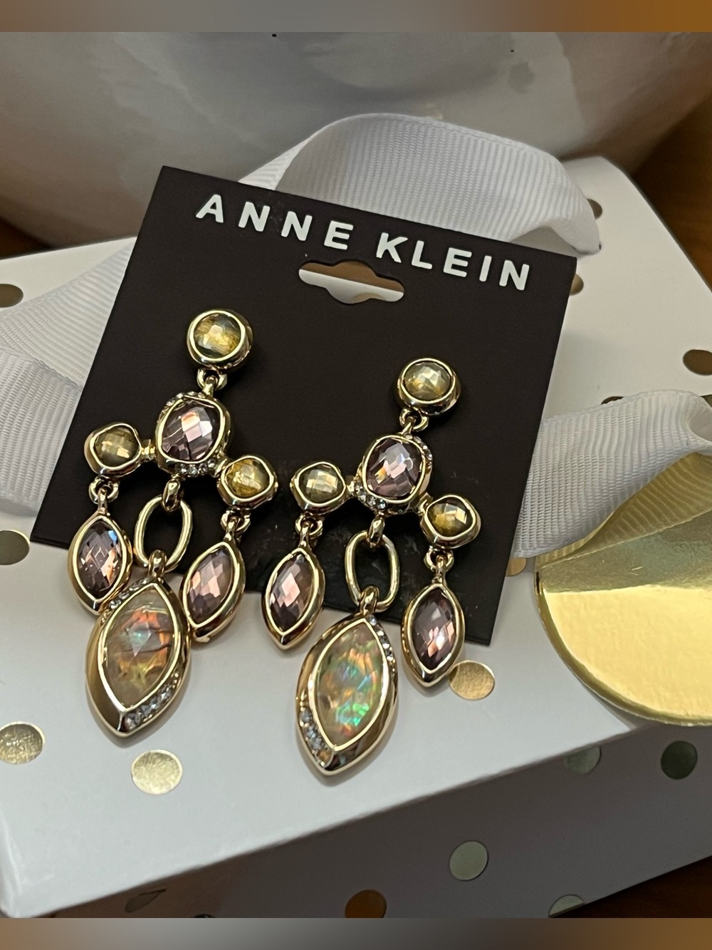 Anne Klein Gold-Tone Multi-Stone Drop Earrings with Pink Accents